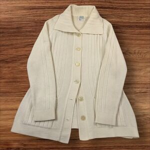 Vintage Sears Cream Acrylic‎ Knit Cardigan Sweater Longline Button Down
